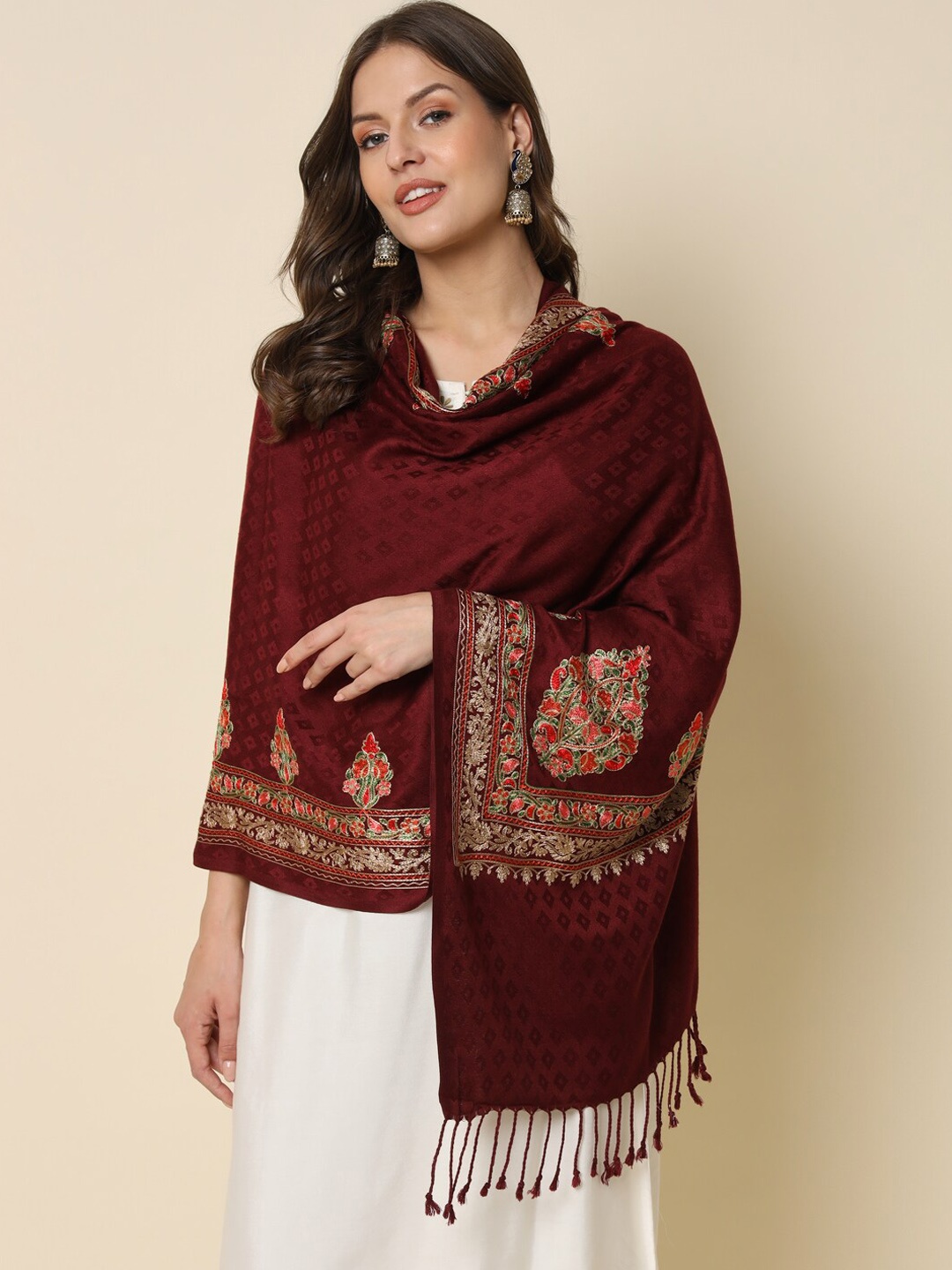 

HERE&NOW Maroon Floral Embroidered Shawl