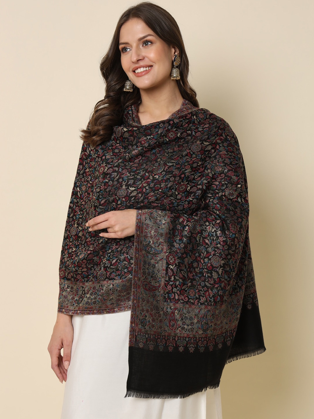 

HERE&NOW Floral Zari Work Woven Design Shawl, Black