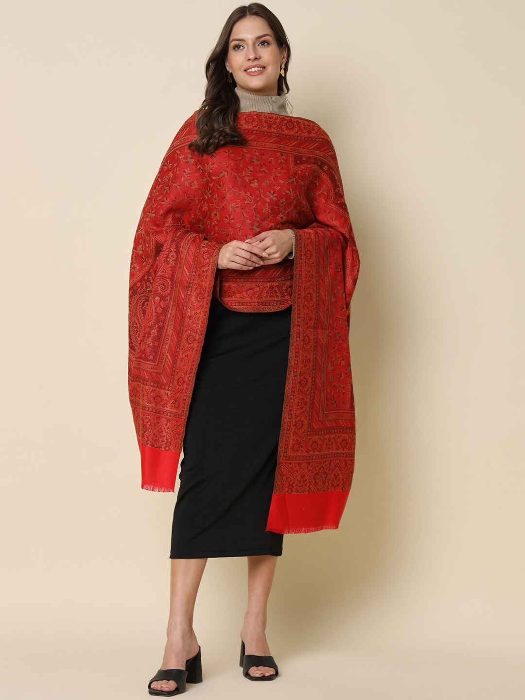 

HERE&NOW Ethnic Motifs Woven Design Shawl, Red