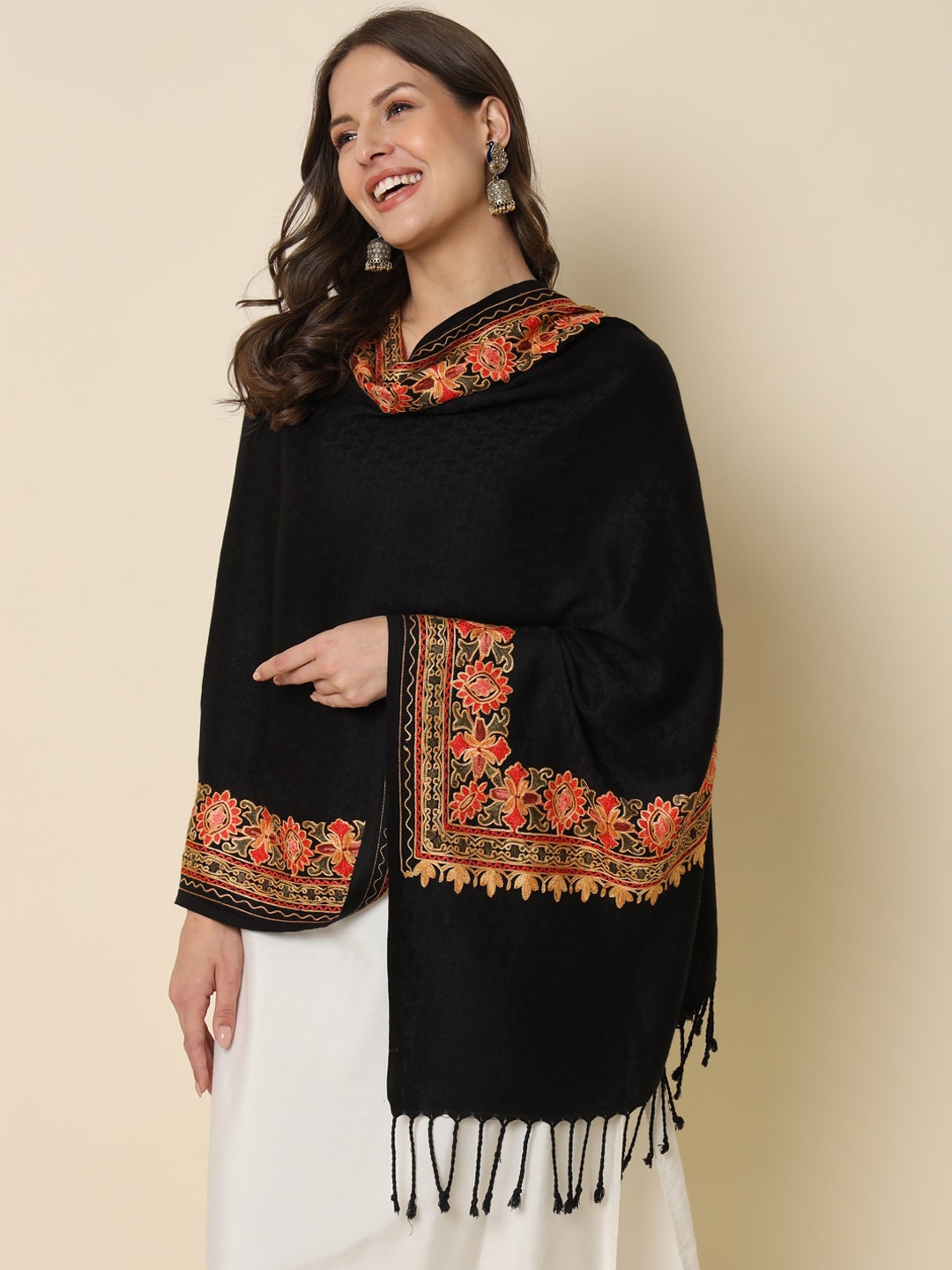 

HERE&NOW Floral Embroidered Shawl, Black