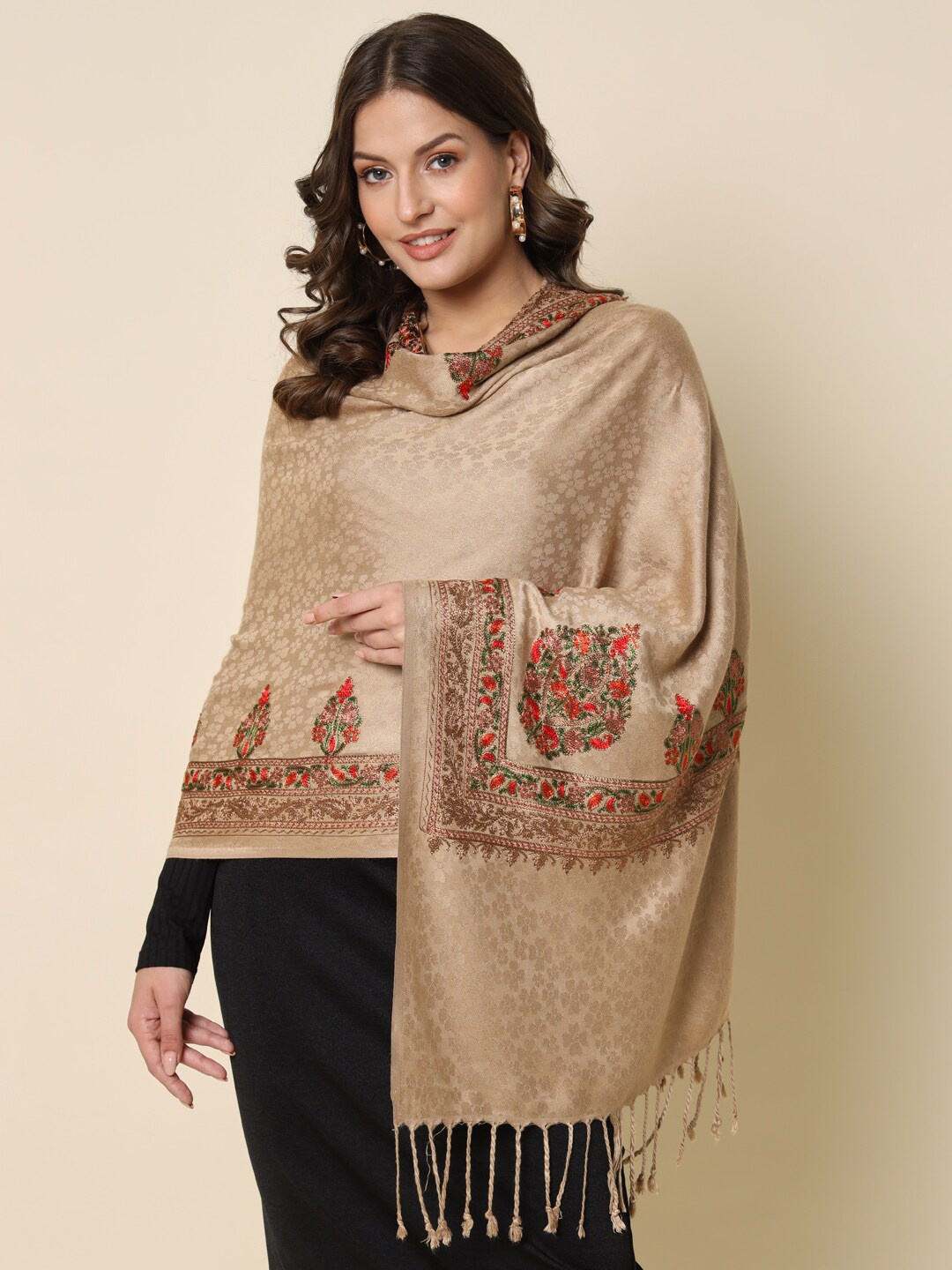 

HERE&NOW Ethnic Motifs Embroidered Shawl, Beige