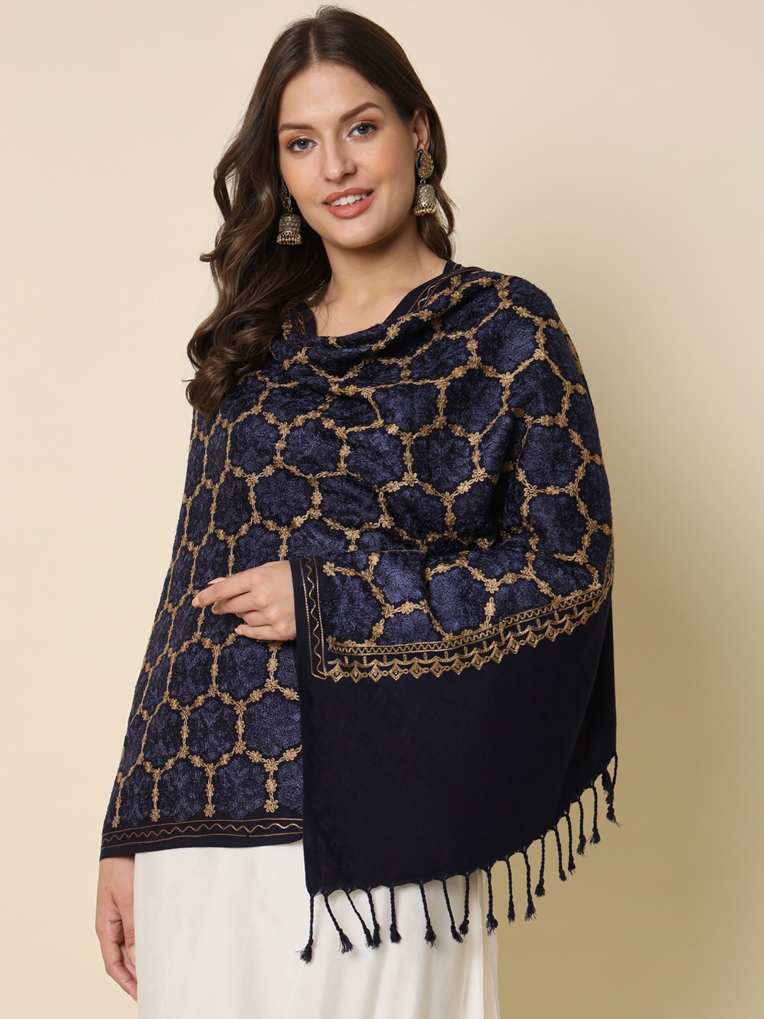 

HERE&NOW Floral Embroidered Shawl, Navy blue