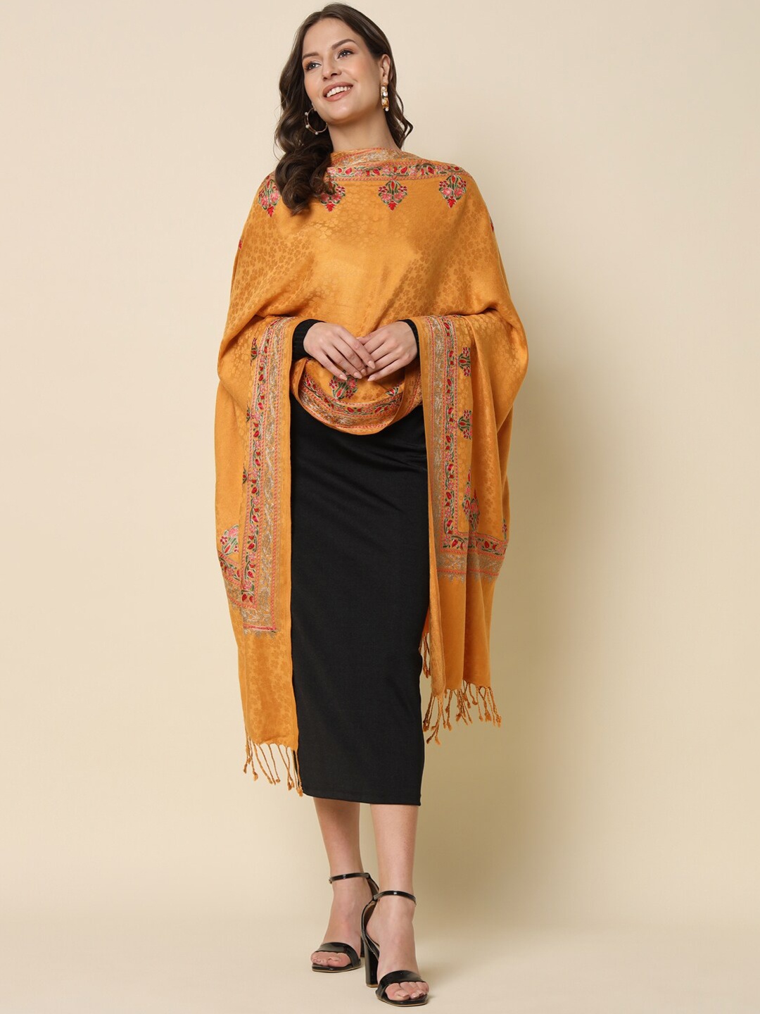 

HERE&NOW Yellow Floral Embroidered Shawl