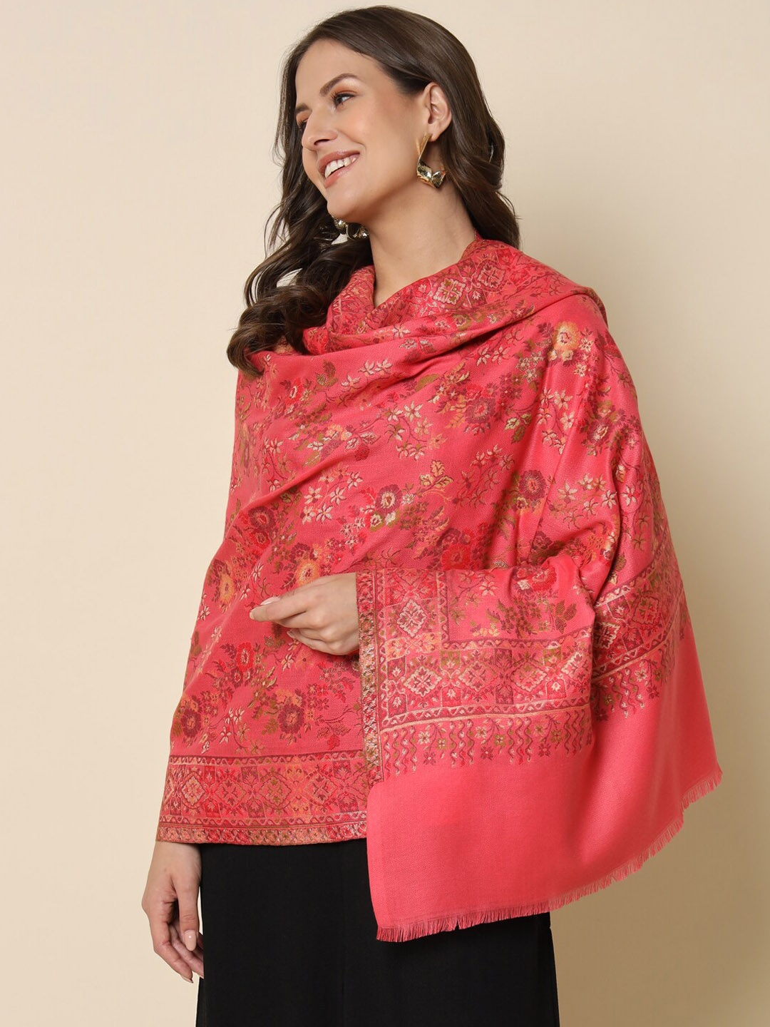 

HERE&NOW Pink Kaani Floral Woven Design Shawl