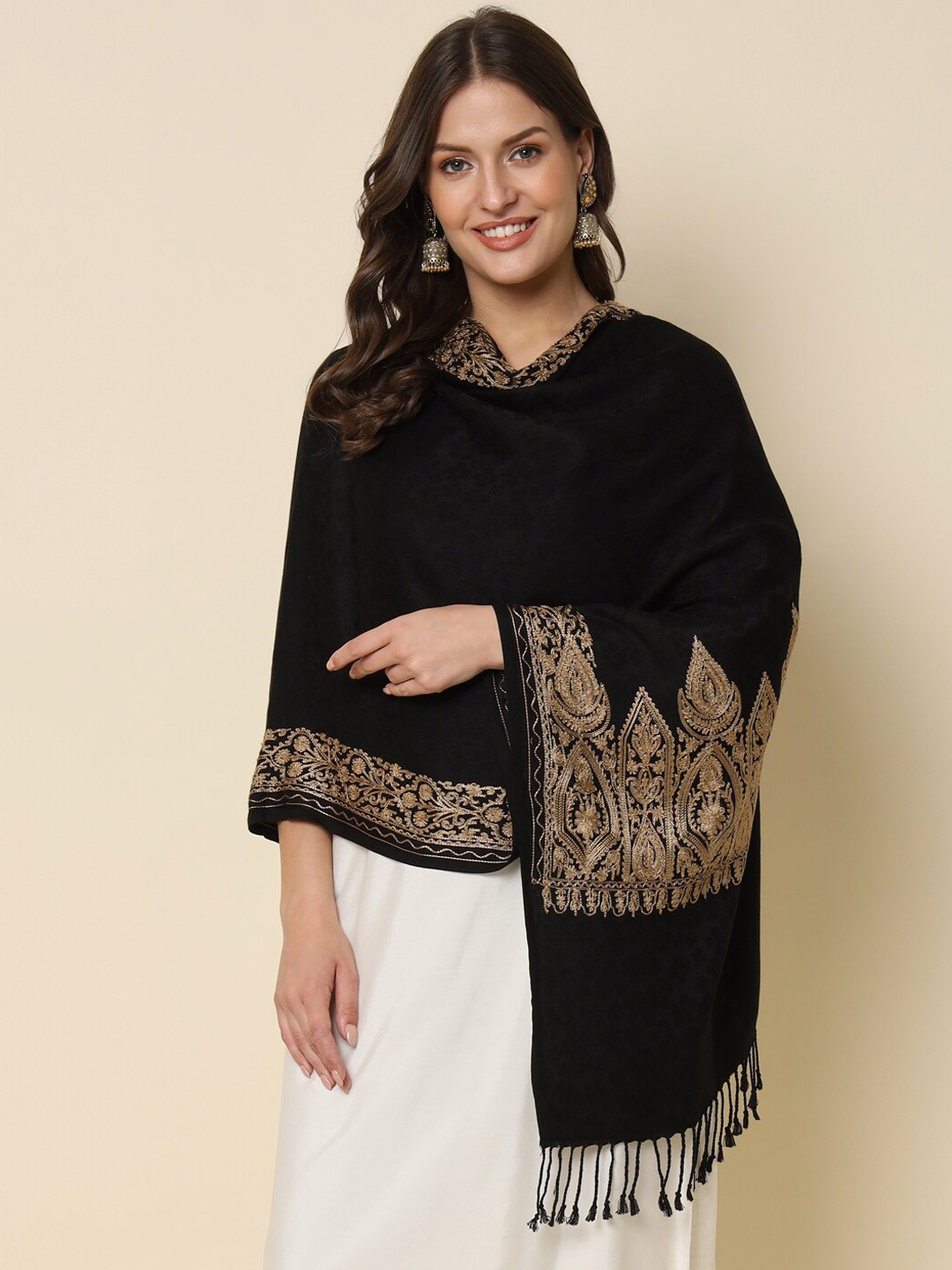 

HERE&NOW Ethnic Motifs Embroidered Shawl, Black