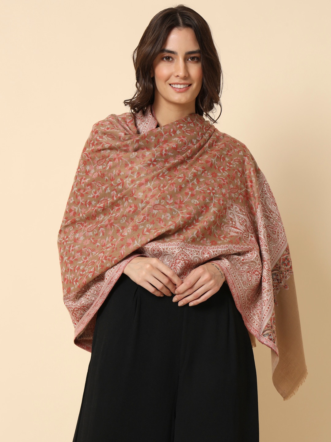 

HERE&NOW Woven Design Kaani Shawl, Beige