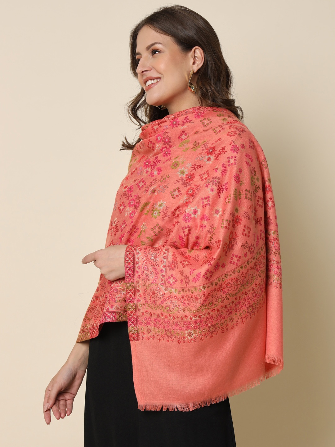 

HERE&NOW Woven Design Kaani Shawl, Peach