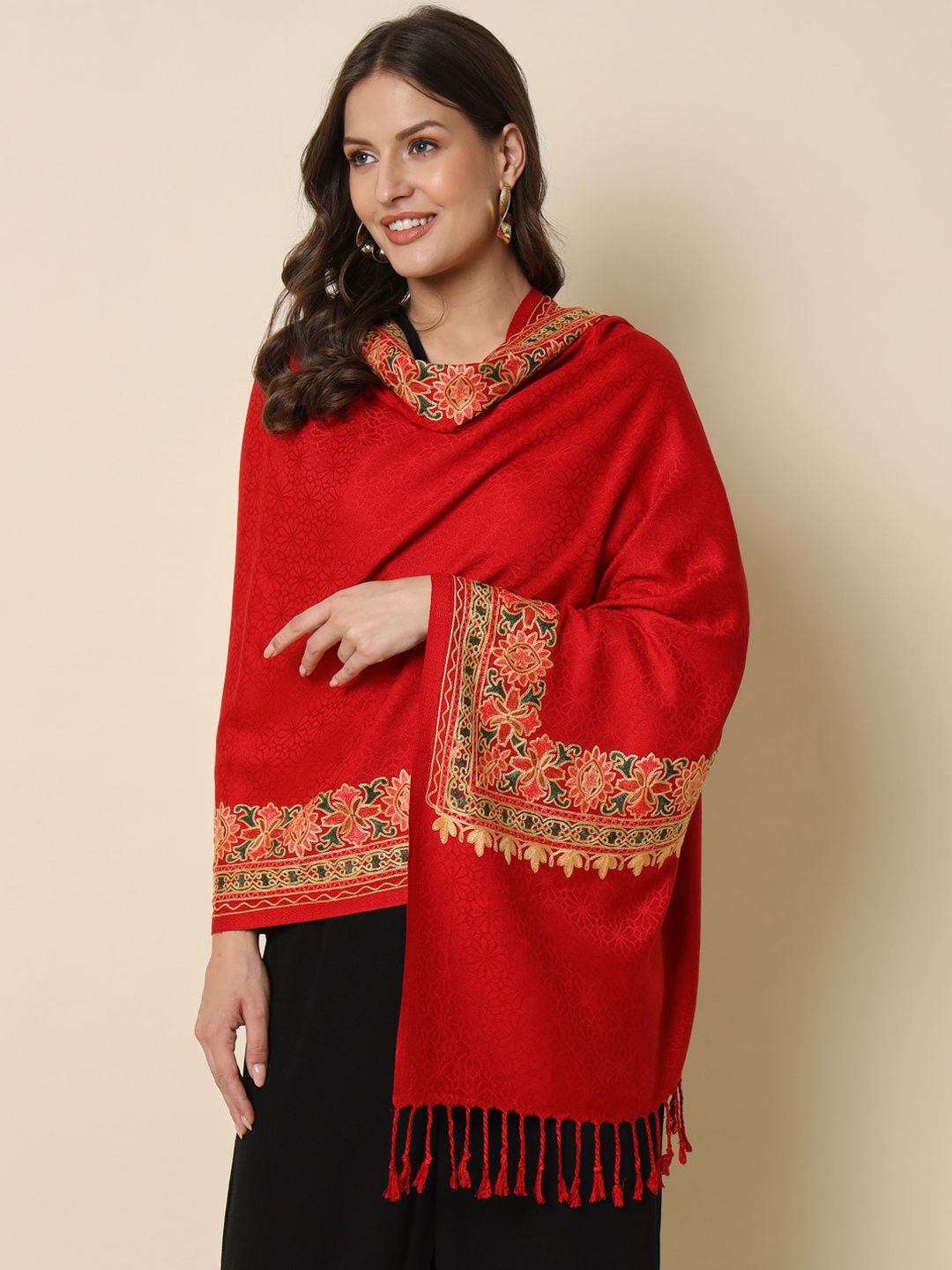 

HERE&NOW Ethnic Motifs Embroidered Shawl, Maroon