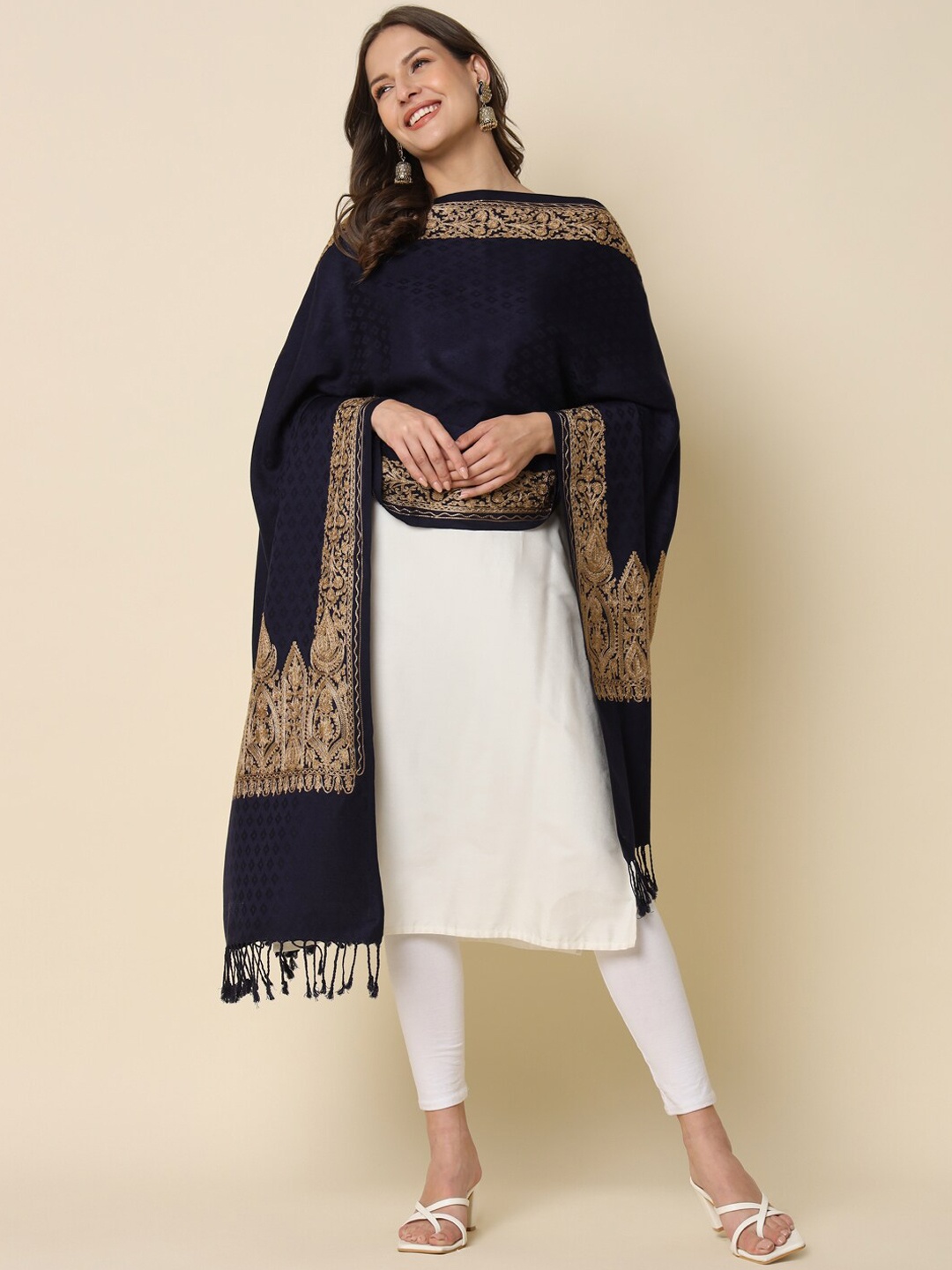 

HERE&NOW Navy Blue Geometric Woven Design Shawl