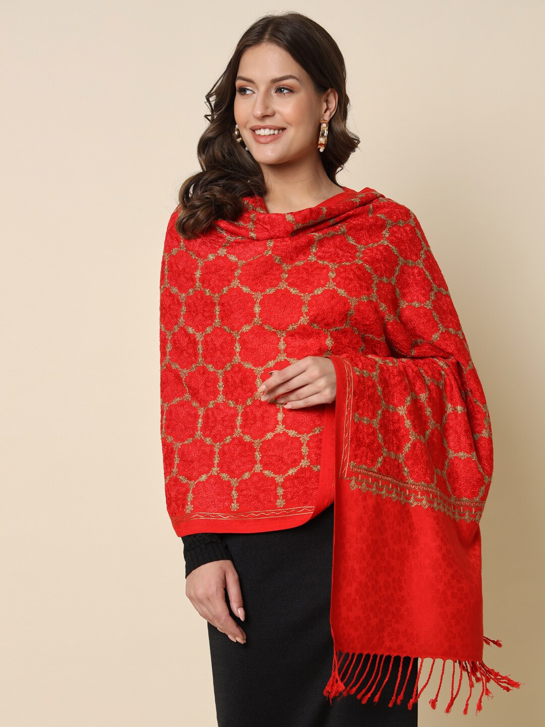 

HERE&NOW Red Floral Embroidered Shawl