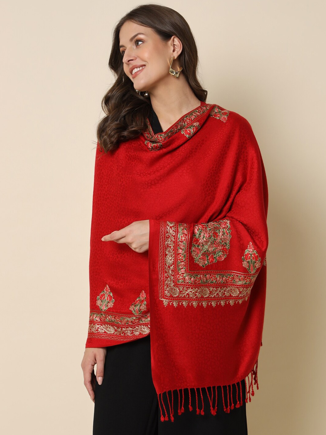 

HERE&NOW Maroon Floral Embroidered Shawl