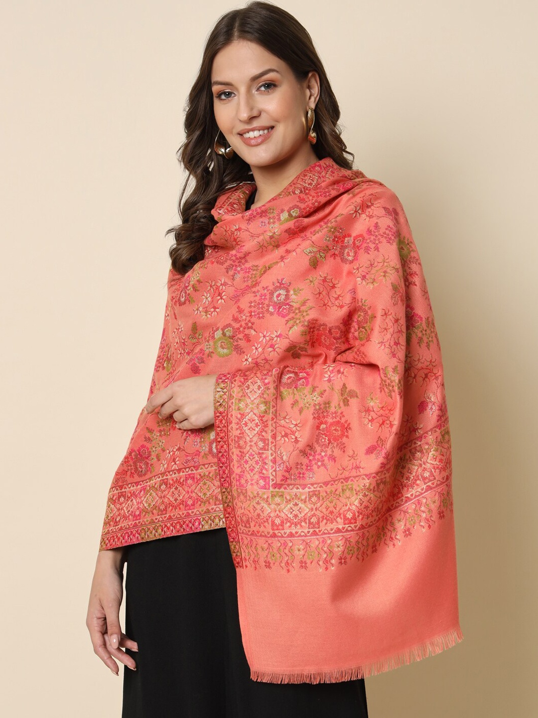 

HERE&NOW Floral Woven Design Shawl, Peach