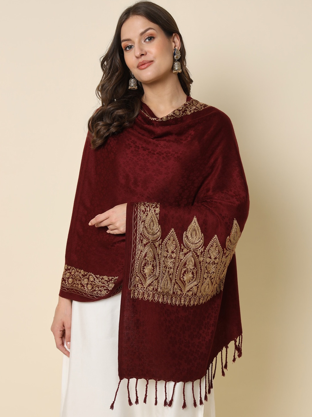 

HERE&NOW Ethnic Motifs Embroidered Shawl, Maroon