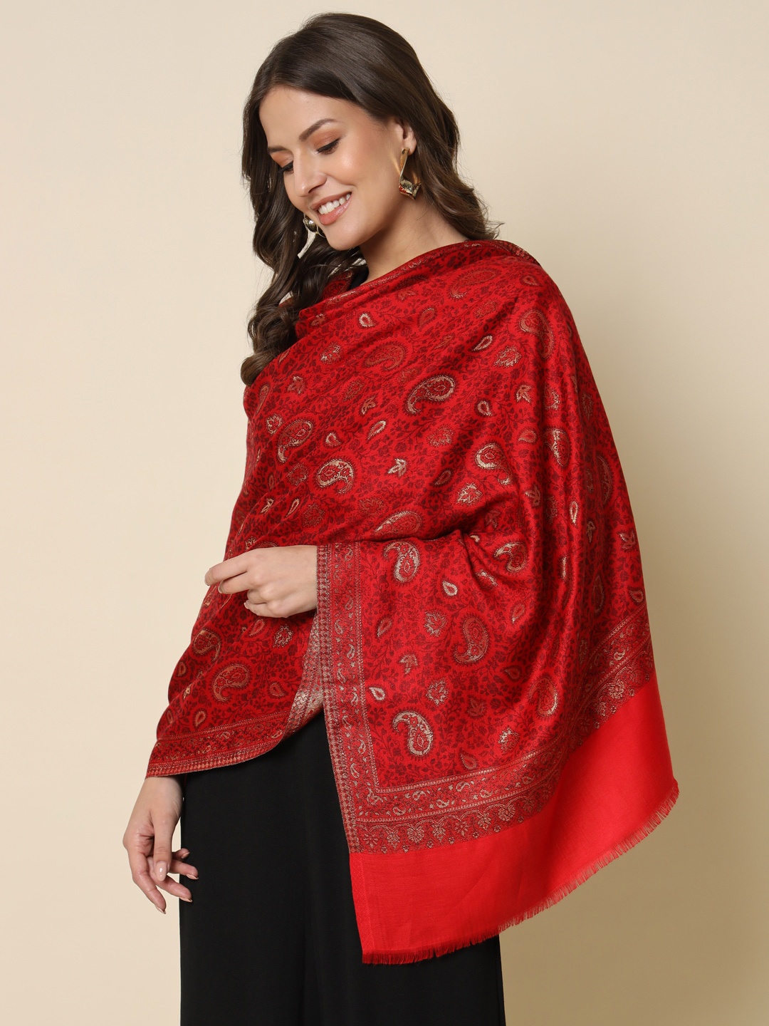 

HERE&NOW Zari Work Woven Design Shawl, Red