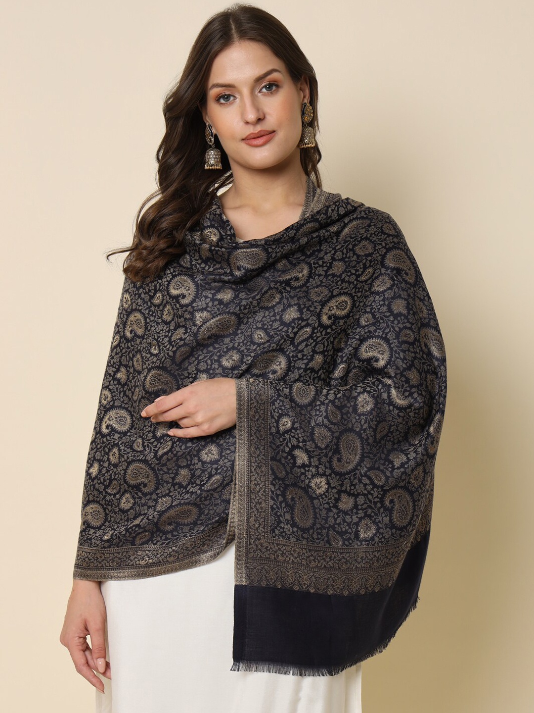 

HERE&NOW Zari Work Woven Design Shawl, Navy blue