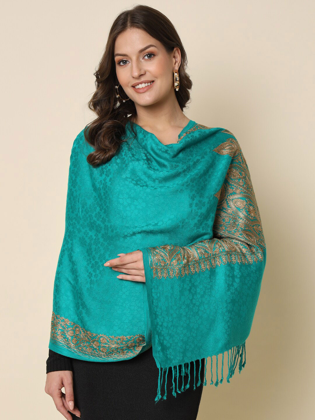 

HERE&NOW Teal Ethnic Motif Embroidered Shawl