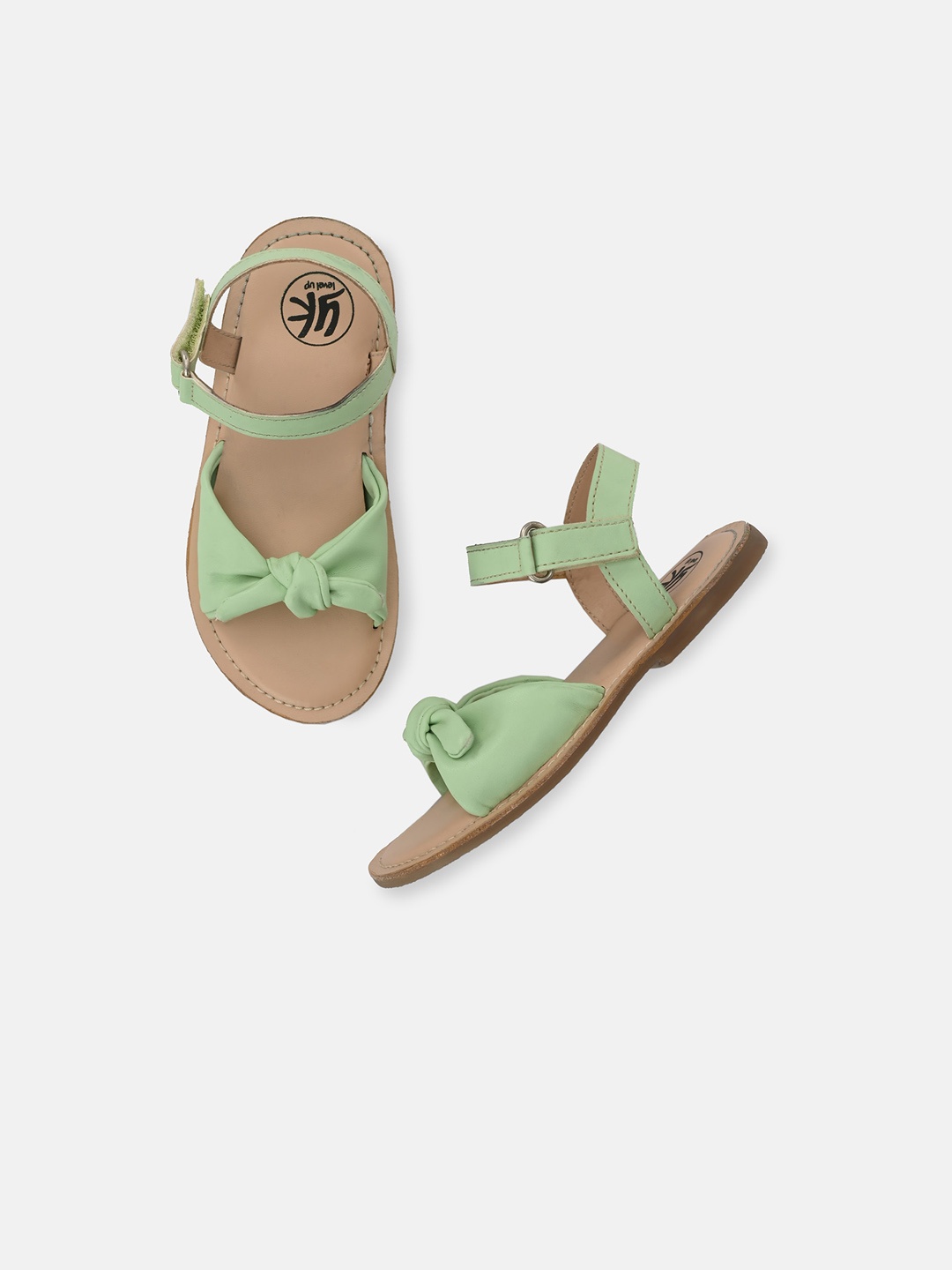 

YK Girls Knotted Open Toe Flats With Velcro Closure, Green