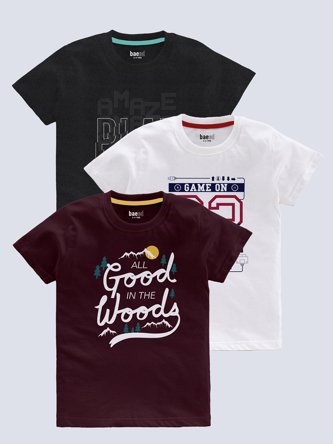 BAESD Boys Pack Of 3 Typography Printed T-shirts, Black