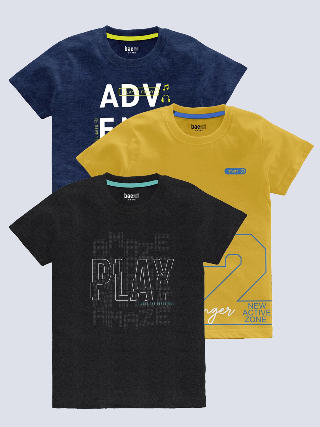 

BAESD Boys Pack of 3 Typography Printed T-shirts, Navy blue