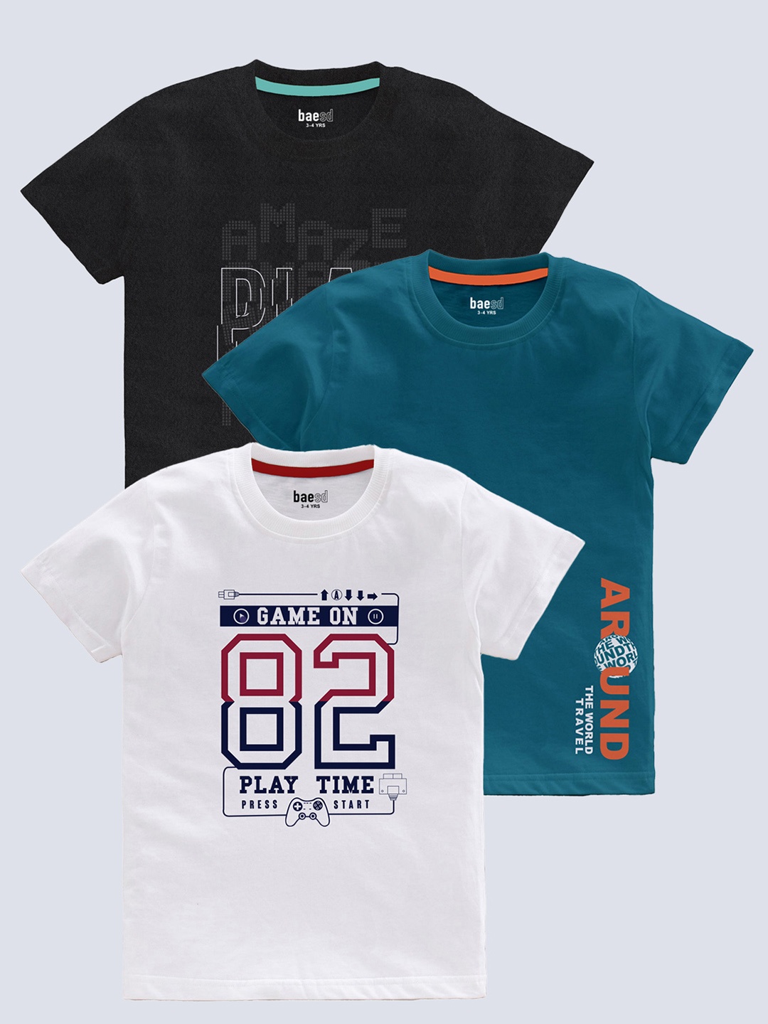 

BAESD Boys Pack Of 3 Typography Printed T-shirt, Black