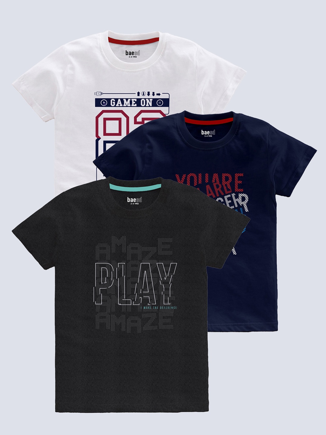 BAESD Boys Pack Of 3 Typography Printed T-shirt, Navy blue