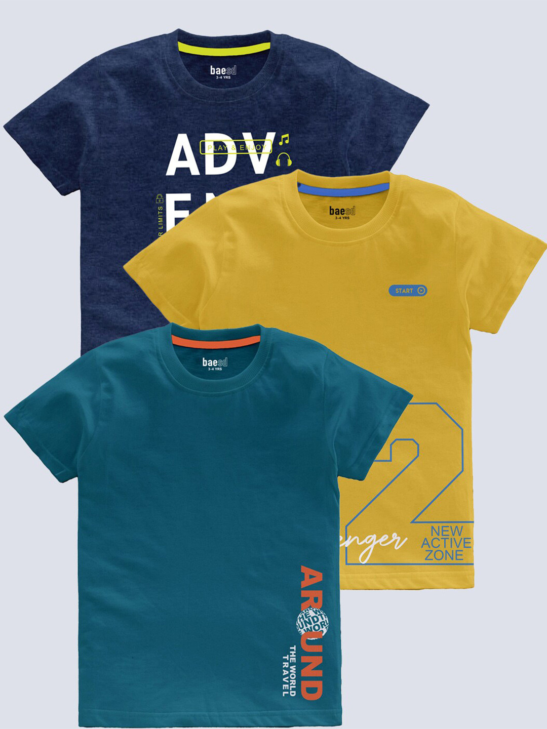 

BAESD Boys Pack Of 3 Typography Printed Round Neck Regular T-shirt, Blue