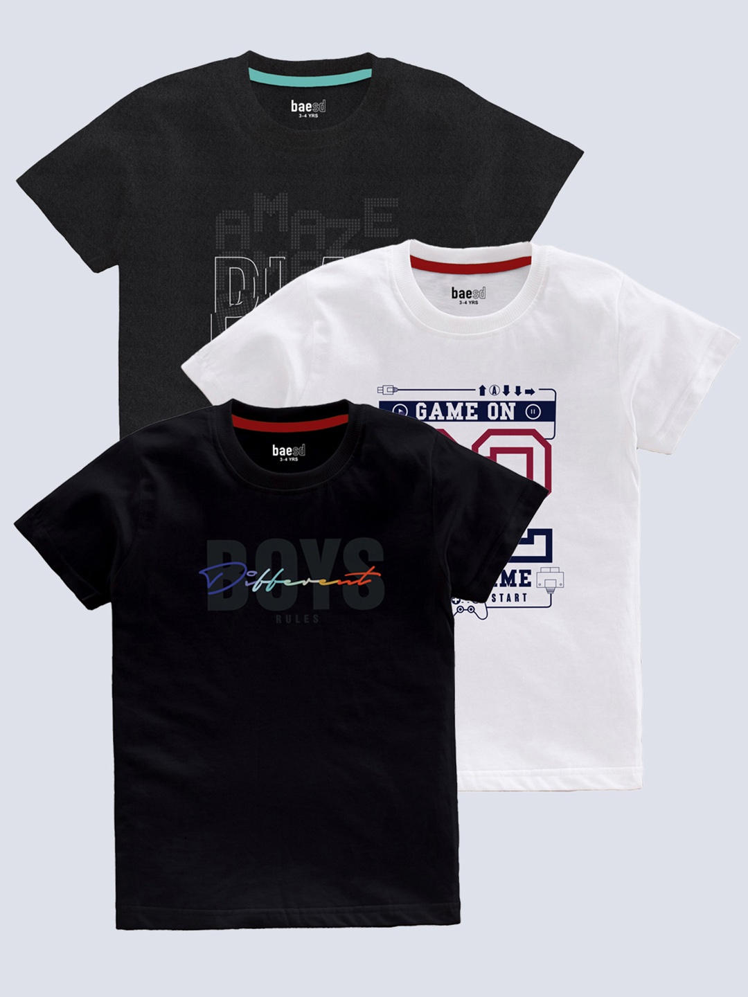 

BAESD Boys Pack Of 3 Typography Printed T-shirt, Black