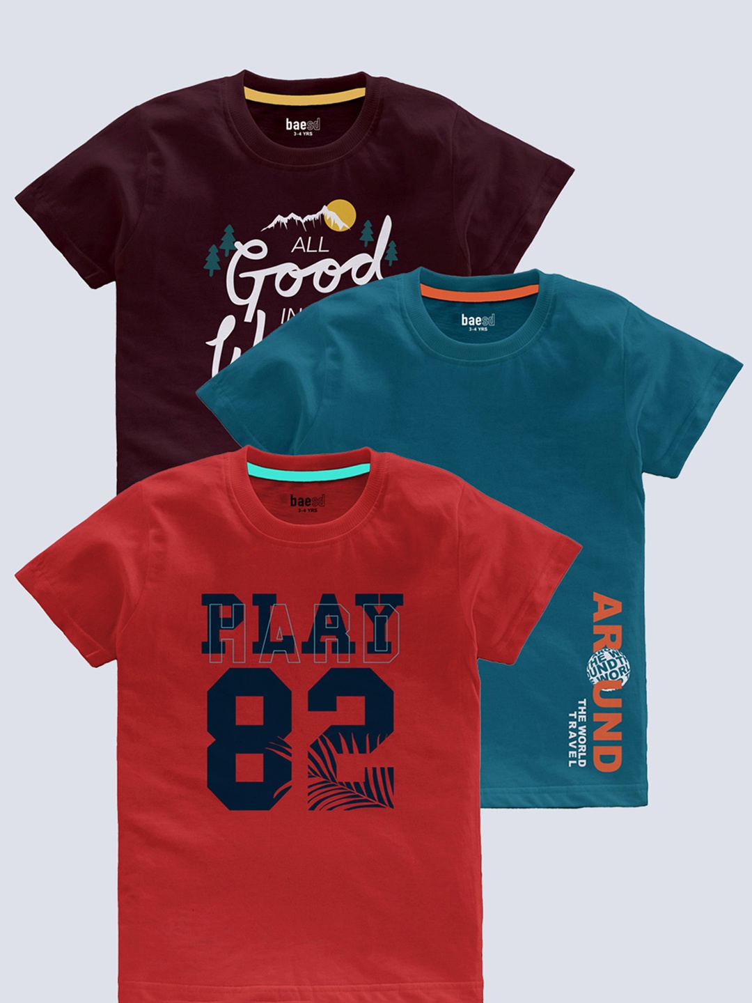 

BAESD Boys Pack Of 3 Typography Printed T-shirts, Burgundy