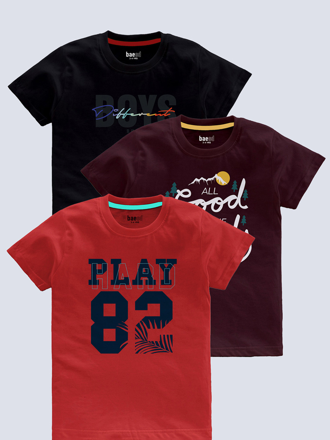 

BAESD Boys Pack Of 3 Typography Printed T-shirt, Black