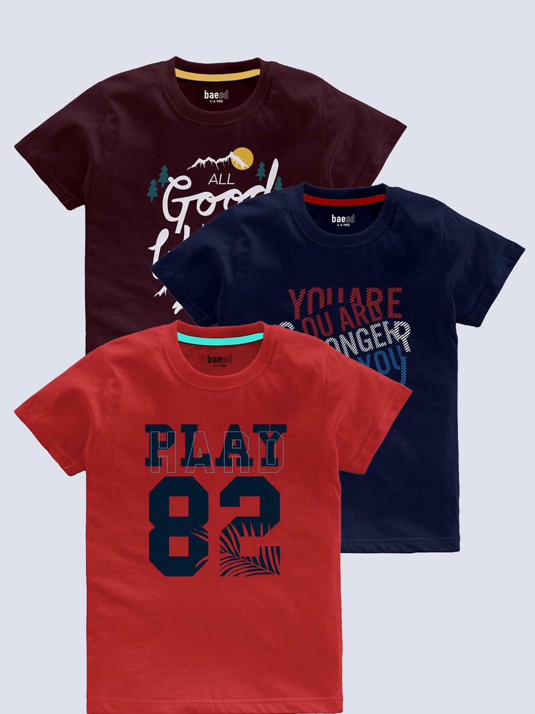 

BAESD Boys Pack Of 3 Typography Printed T-shirts, Burgundy