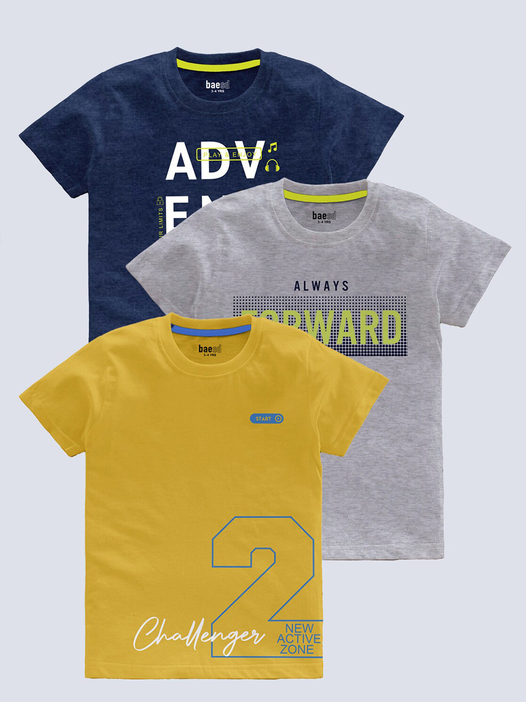 

BAESD Boys Pack Of 3 Typography Printed Round Neck Regular T-shirt, Blue