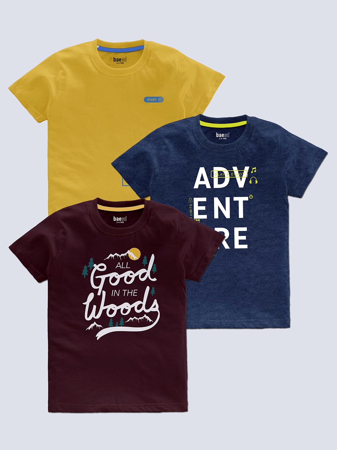 

BAESD Boys Pack of 3 Typography Printed T-shirt, Mustard