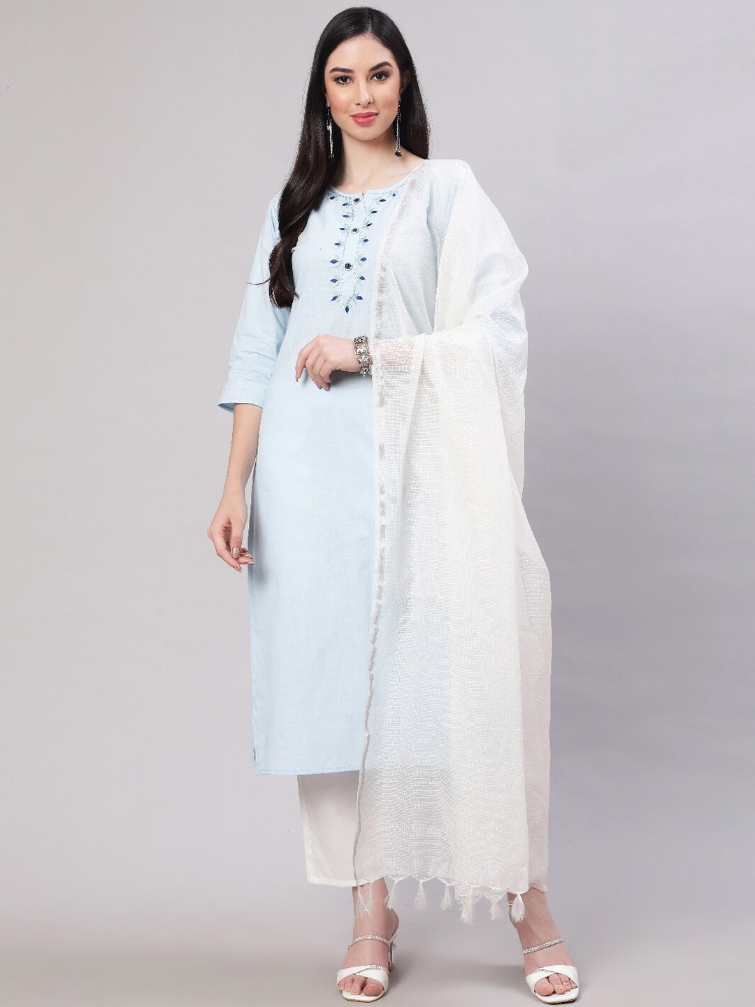 

THE NKS PLUS Ethnic Motifs Yoke Design Regular Pure Cotton Kurta With Trousers & Dupatta, Blue