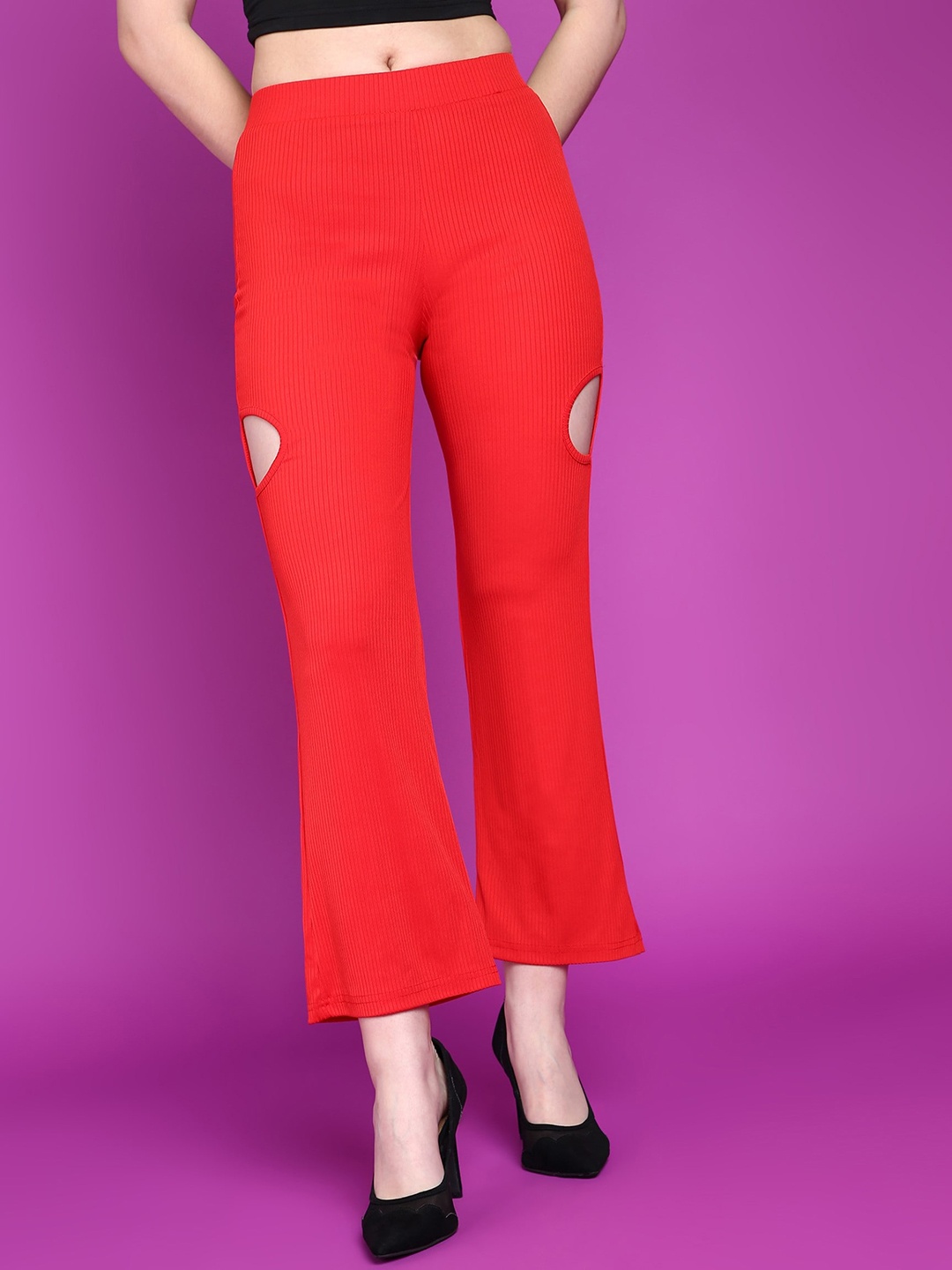 

Popwings Women Relaxed High-Rise Cut Out Easy Wash Parallel Trousers, Red