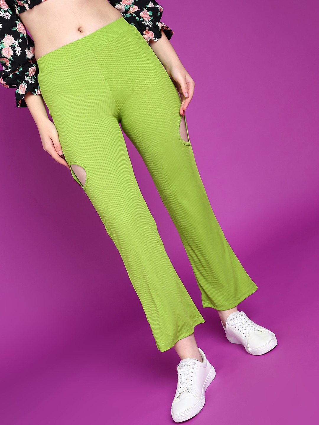 

Popwings Women Relaxed High-Rise Cut Out Easy Wash Trousers, Lime green