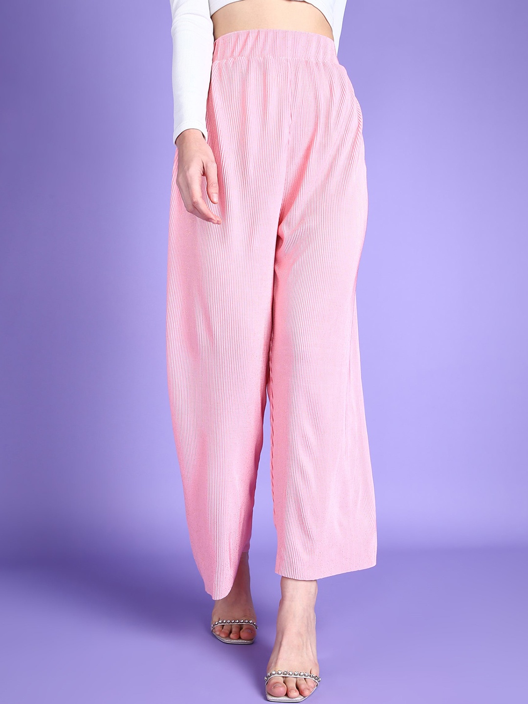 

Popwings Women Striped Relaxed High-Rise Easy Wash Trousers, Pink