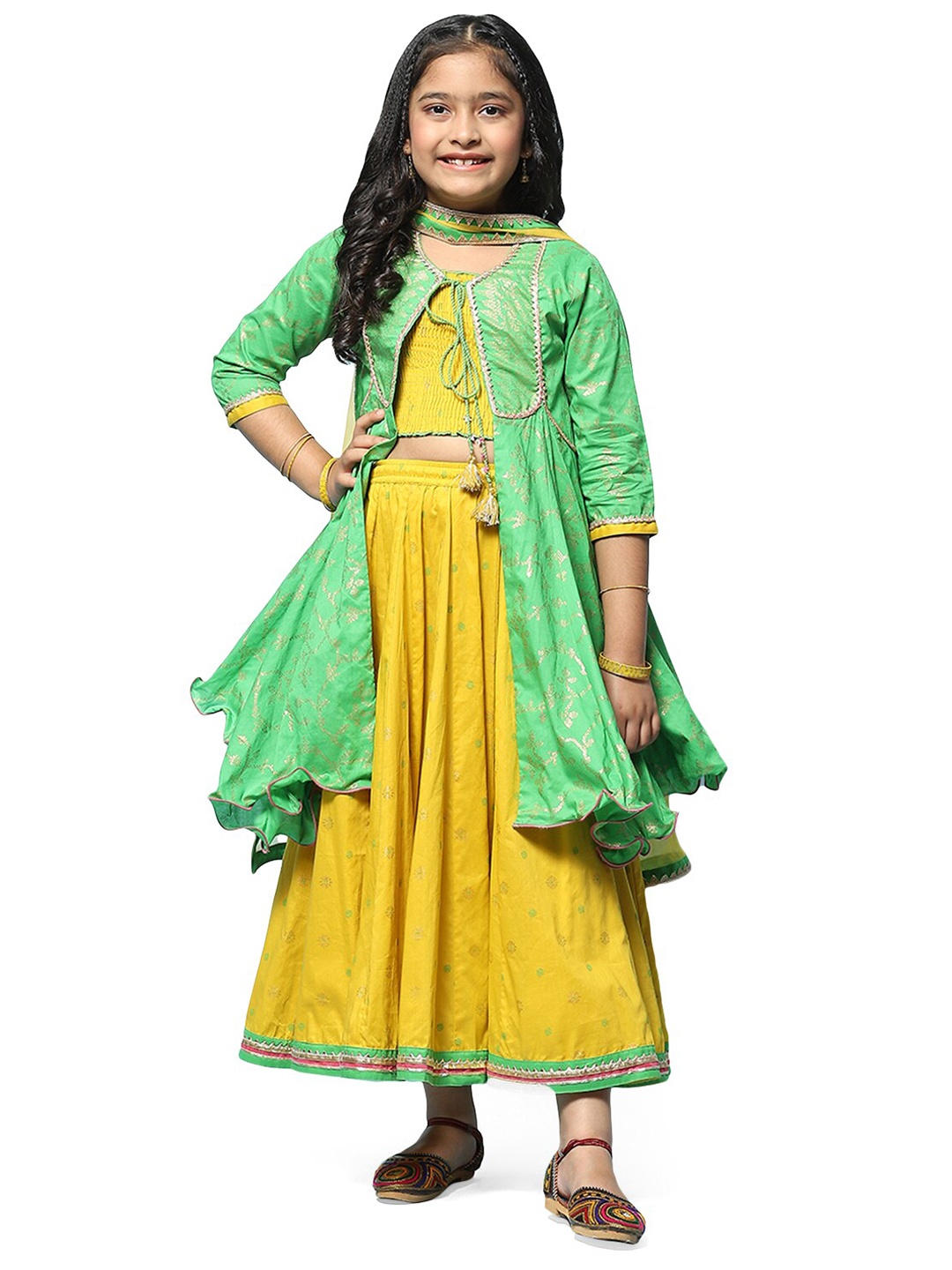 

Biba Girls Printed Cotton Ready to Wear 3 Pieces Lehenga Choli With Shrug, Green