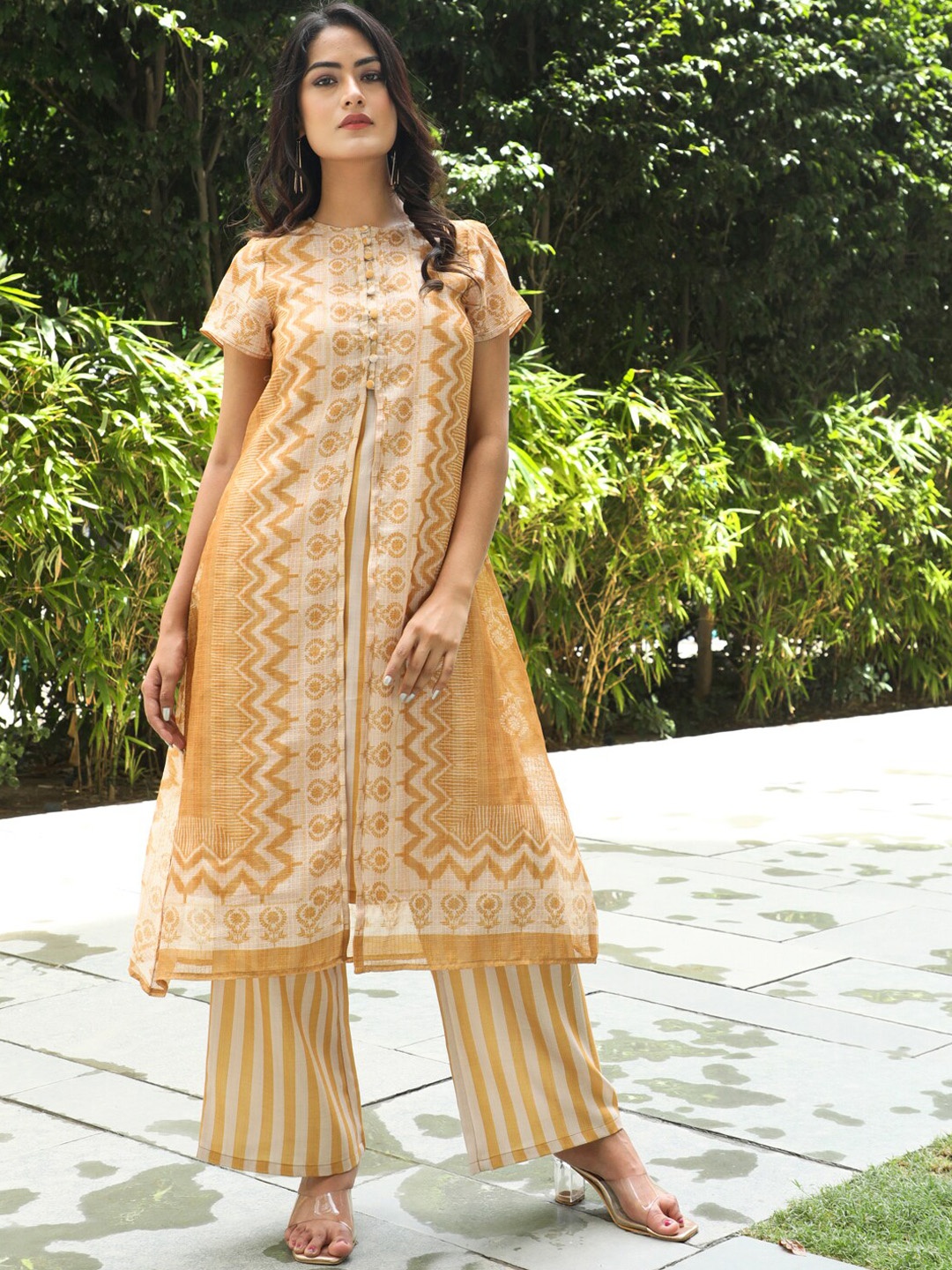 

AKS Couture Geometric Printed Linen A-Line Kurta With Palazzos, Mustard