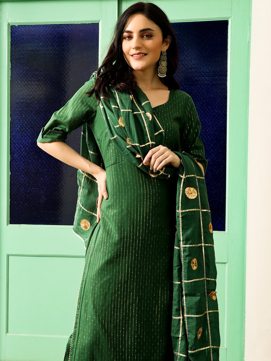 

AKS Couture Striped Pure Cotton Kurta With Trousers & Dupatta, Green