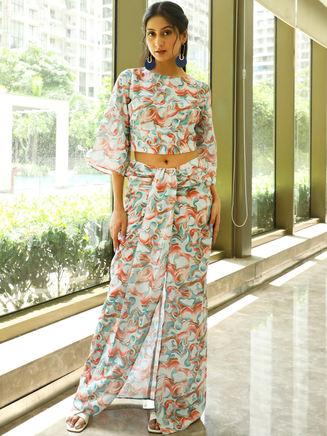 

AKS Couture Printed Linen Top With Maxi Skirt, Blue