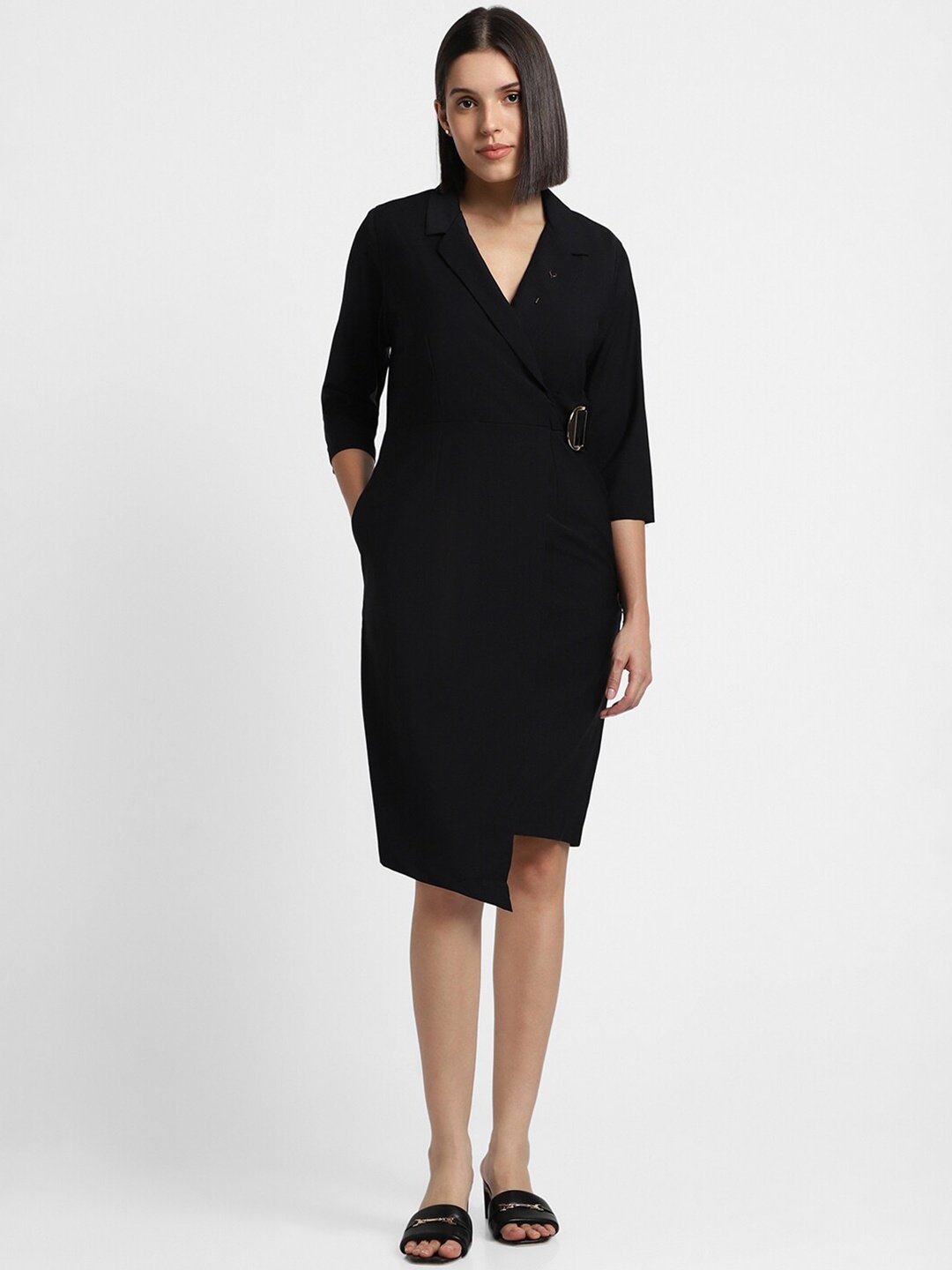 

Allen Solly Woman Notched Lapel Collar Wrap Dress, Black