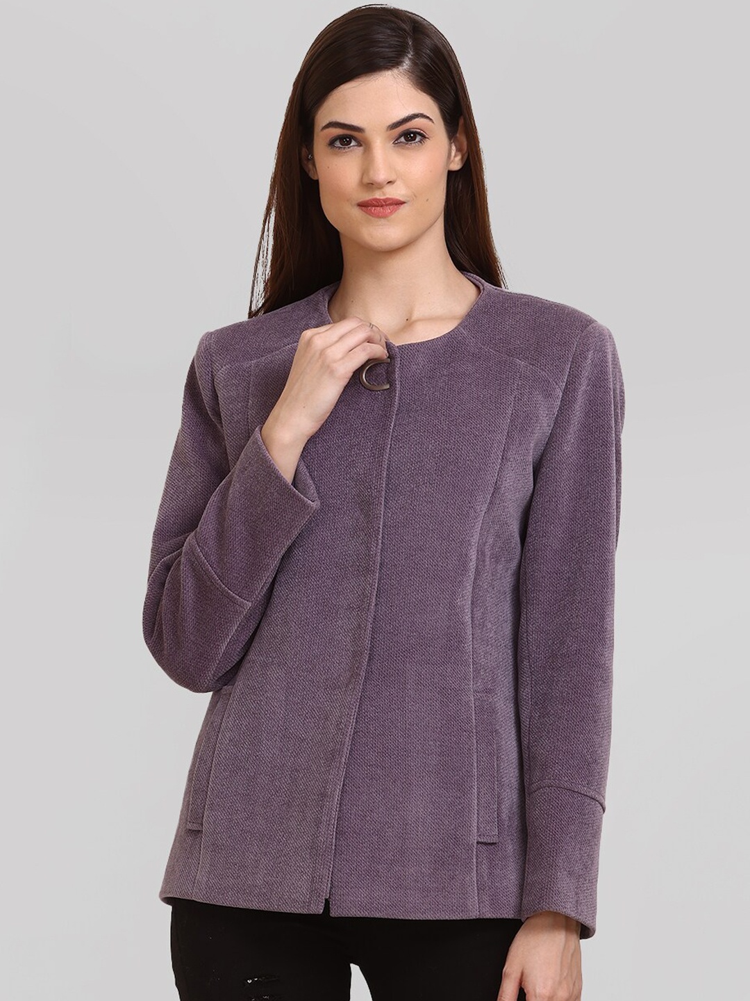 

LURE URBAN Round Neck Regular Fit Casual Woolen Pea Coat, Violet