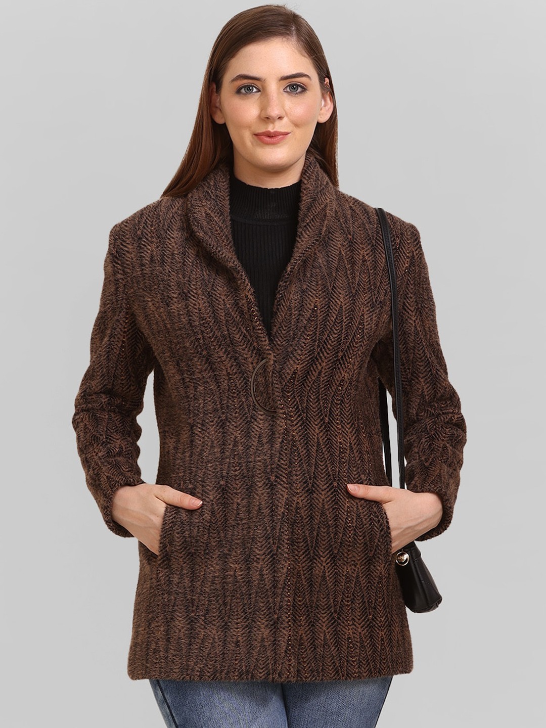 

LURE URBAN Self-Design Lapel Collar Regular Fit Woolen Parka Coat, Brown