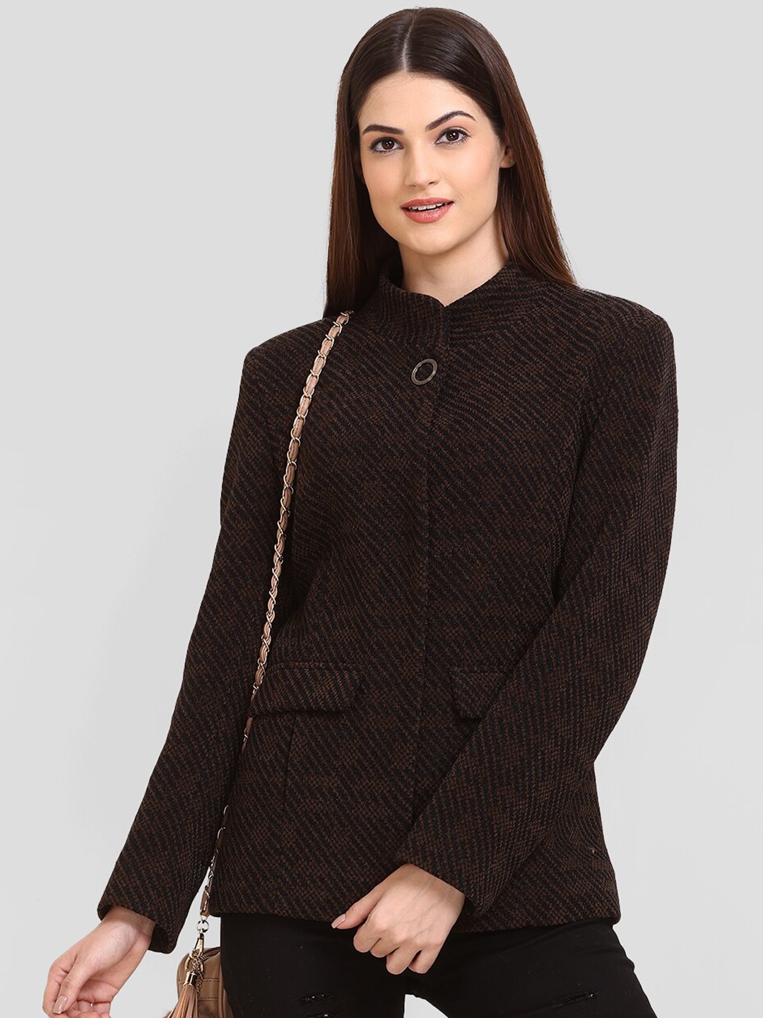 

LURE URBAN Self-Design Stand Collar Regular Fit Casual Woolen Pea Coat, Coffee brown