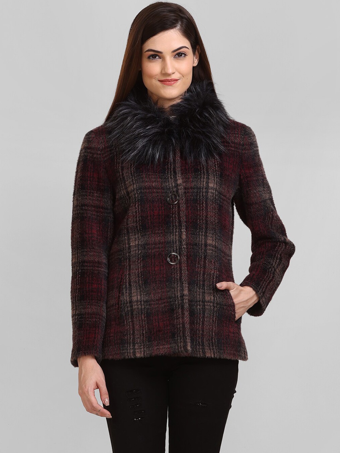 

LURE URBAN Checked Faux Fur Detail Woolen Parka Coat, Maroon