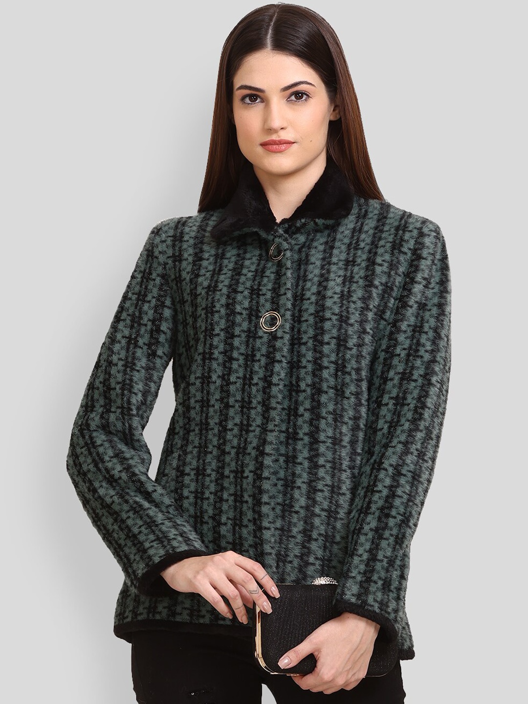 

LURE URBAN Striped Woolen Pea Coat, Green