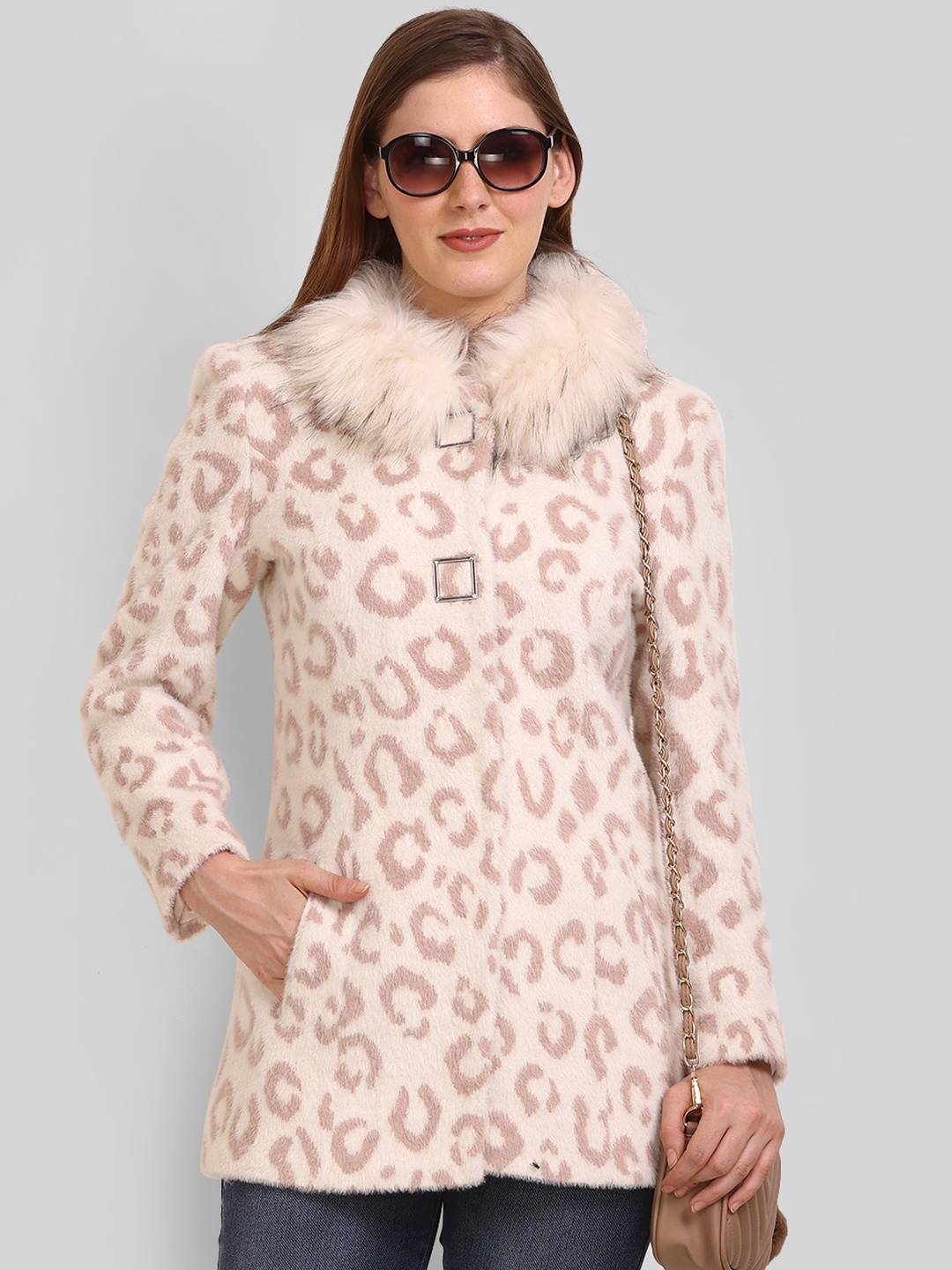 

LURE URBAN Animal Printed Faux Fur Trim Woolen Parka Coat, Cream