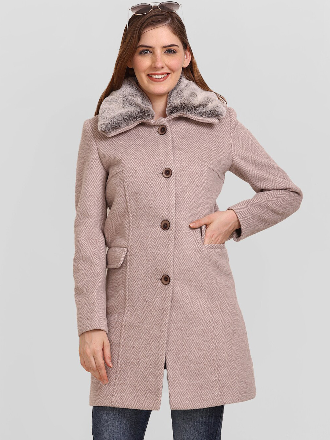 

LURE URBAN Self Design Woolen Overcoat, Champagne