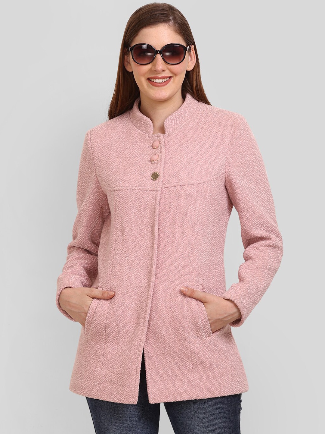 

LURE URBAN Stand Collar Woolen Pea Coat, Pink