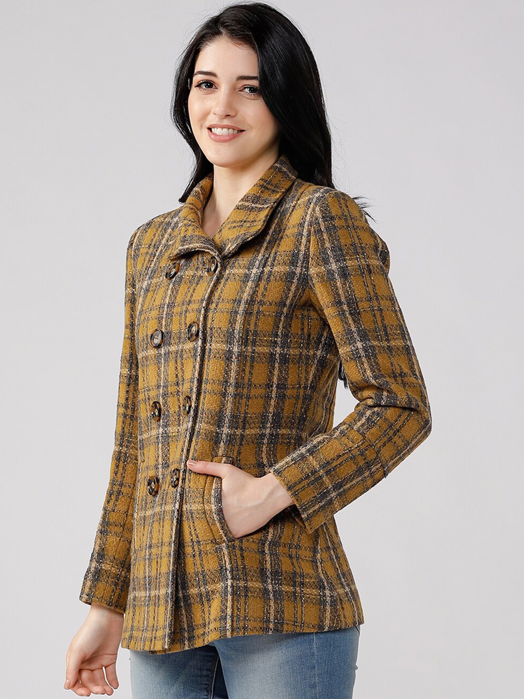 

LURE URBAN Checked Woolen Pea Coat, Mustard